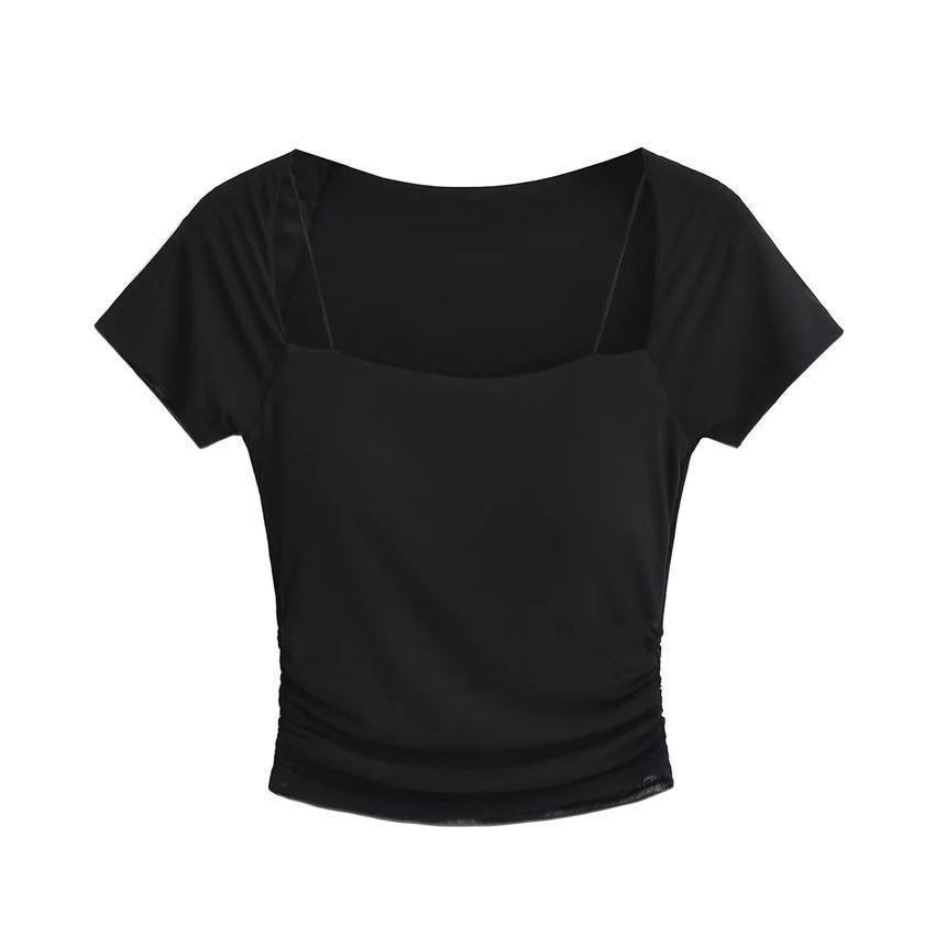 Short-Sleeve Square Neck Plain Ruched Panel Mesh Crop Top Product Image