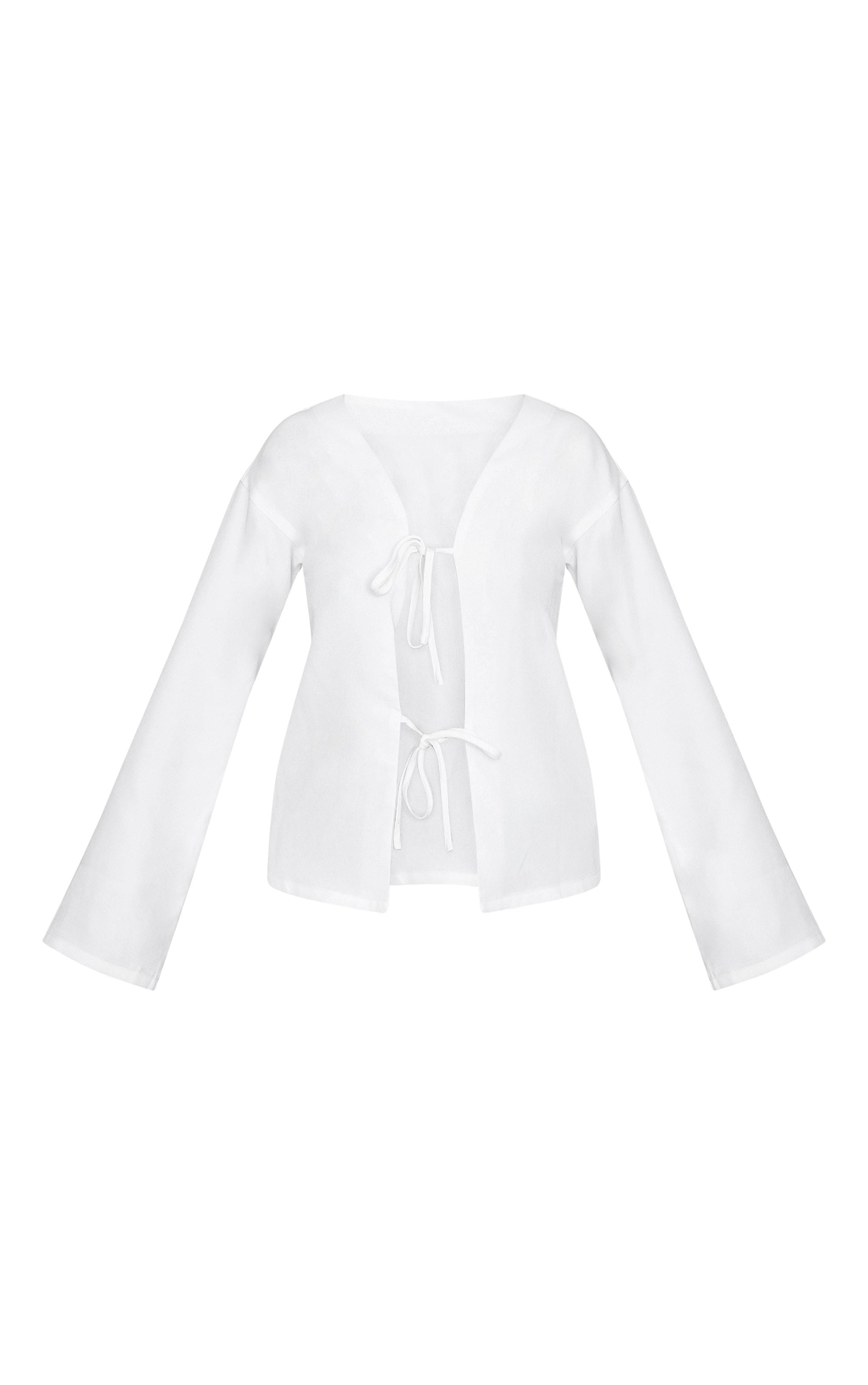 White Woven Tie Front Flared Sleeve Shirt Product Image