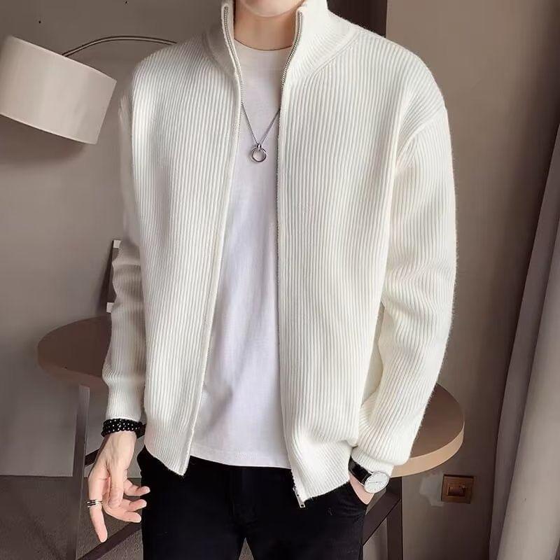 Stand Collar Plain Zip-Up Cardigan product image