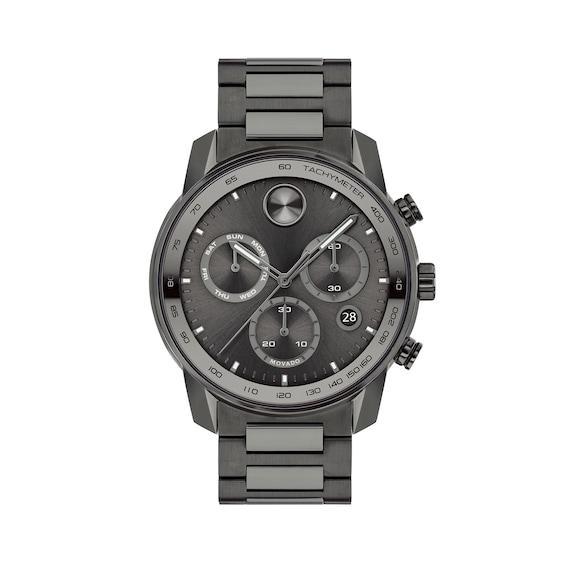 Men's Movado BoldÂ® Verso Gunmetal Grey IP Chronograph Blue Leather Strap Watch with Grey Dial (Model: 3600909) Product Image