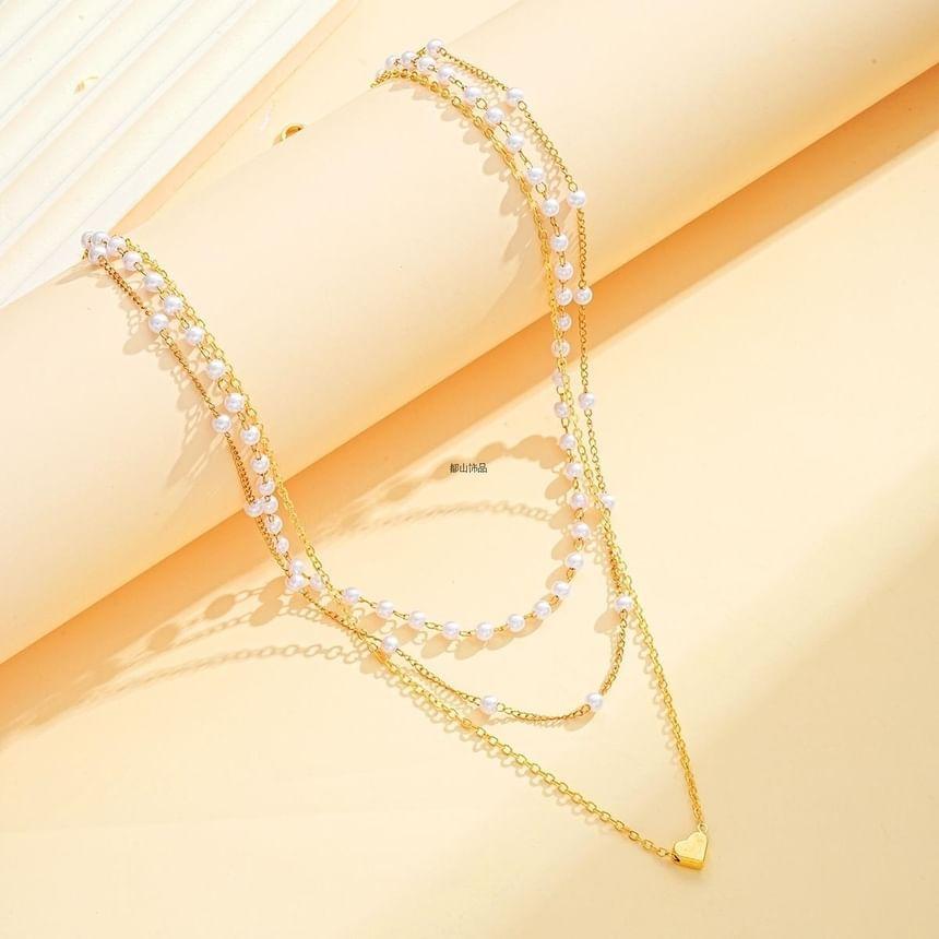 Heart Pendant Faux Pearl Layered Alloy Necklace Product Image