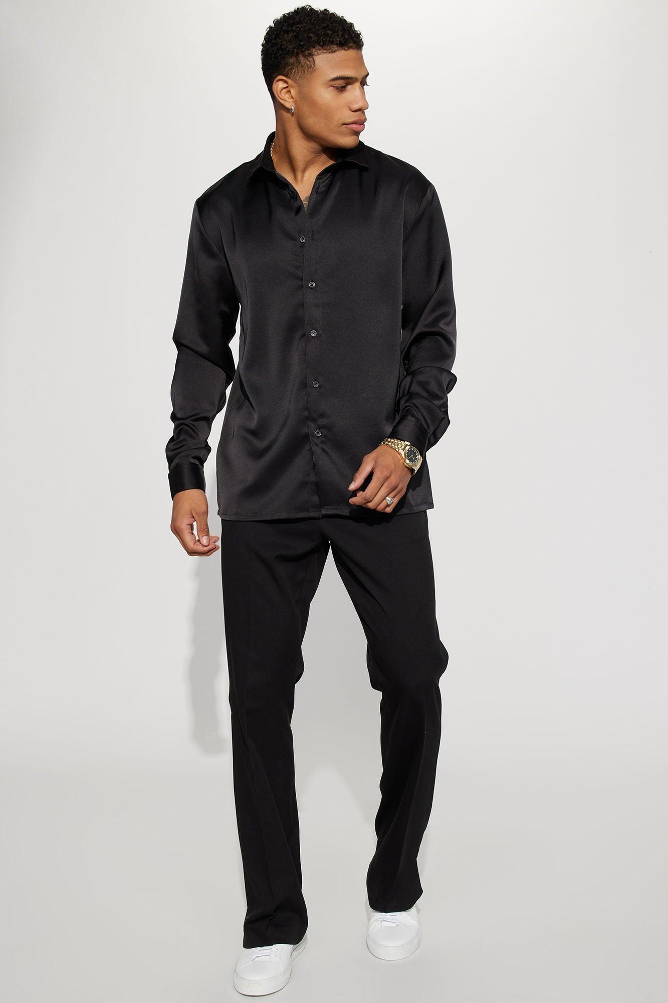 Links Satin Long Sleeve Button Up Shirt - Black Product Image