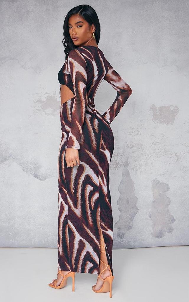  Brown Animal Print Mesh Cup Detail Long Sleeve Maxi Dress Product Image