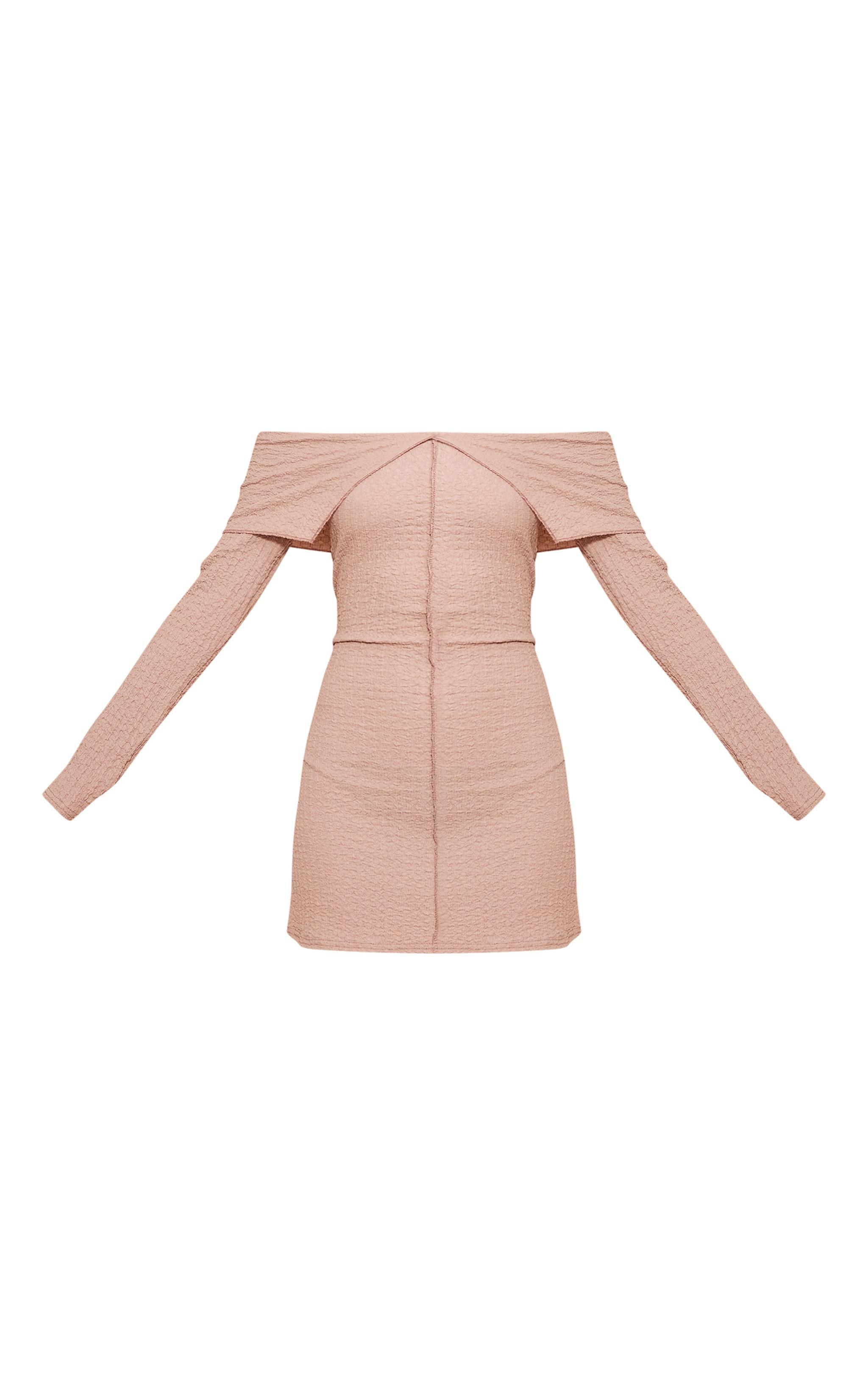 Taupe Textured Fold Over Bardot Shift Dress Product Image