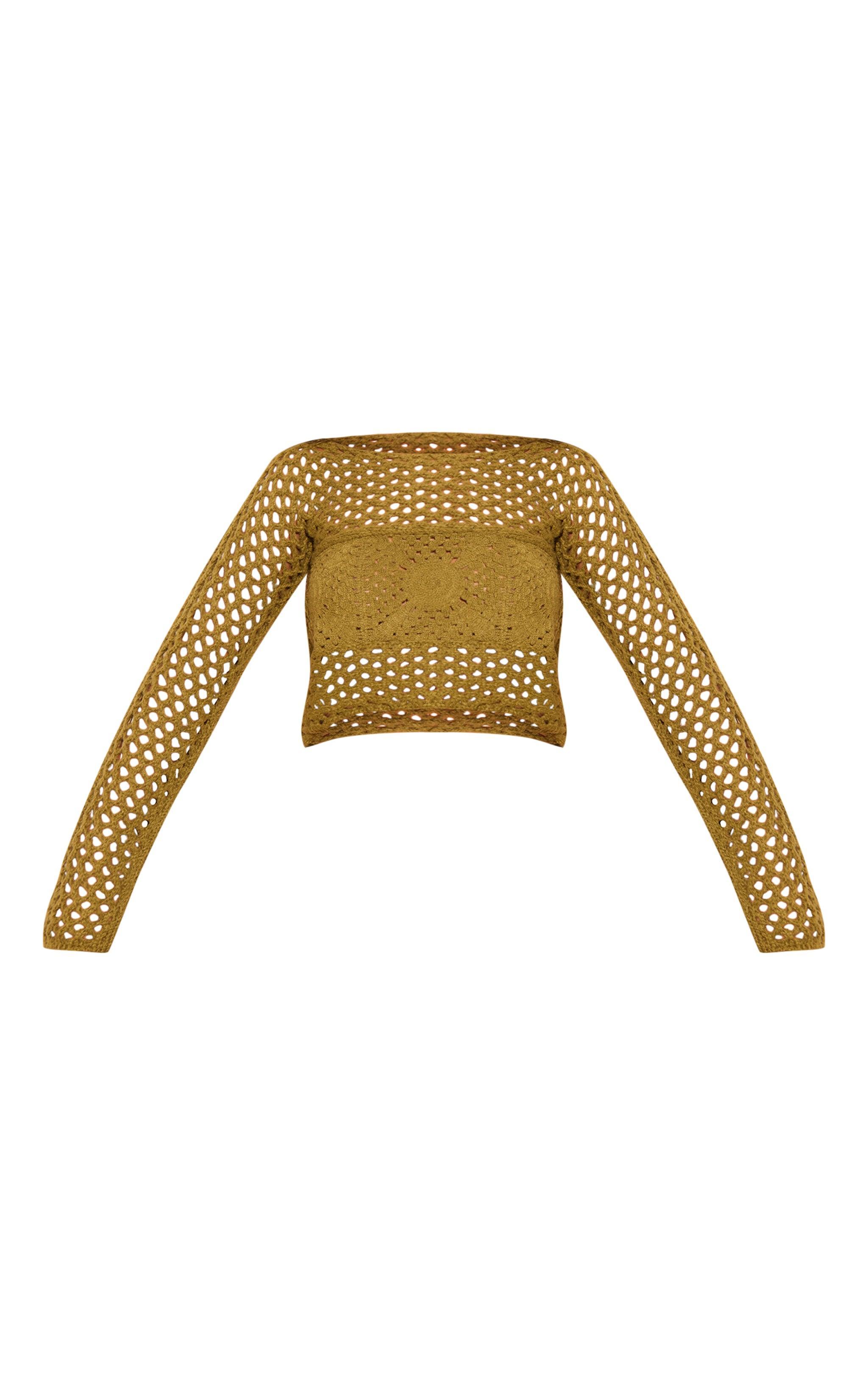 Khaki Flower Embossed Crochet Oversized Top Product Image