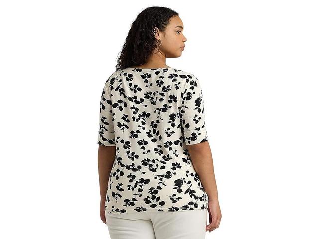 LAUREN Ralph Lauren Plus-Size Leaf-Print Stretch Cotton Boatneck Tee (Cream/Black) Women's Clothing Product Image