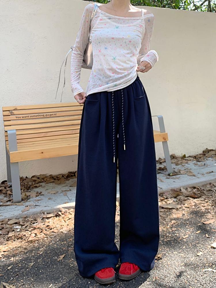 Drawstring Waist Plain Wide Leg Sweatpants Product Image