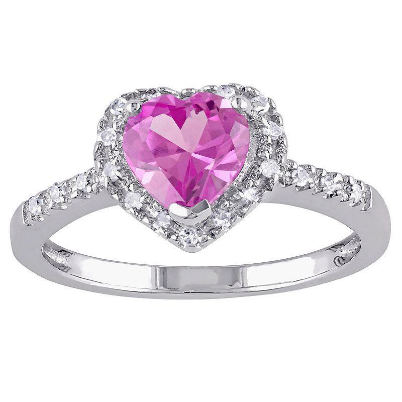 Stella Grace Sterling Silver Lab Created Pink Sapphire & 1/10 Carat T.W. Diamond Heart Halo Ring, Womens Product Image