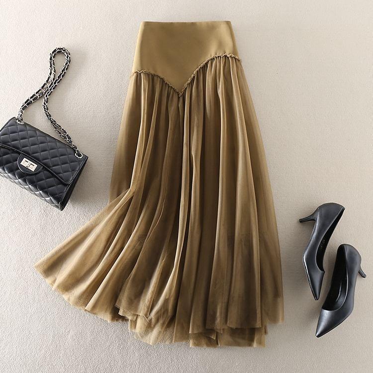 High Waist Plain Gathered Panel Mesh Maxi A-Line Skirt Product Image