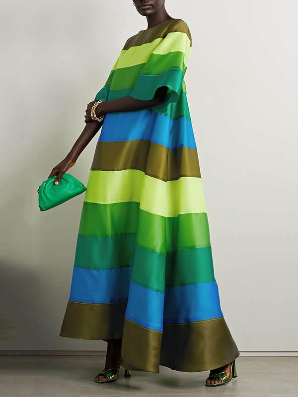 Flared Sleeves Half Sleeves Backless Contrast Color Multi-Colored Striped Round-neck Maxi Dresses Product Image