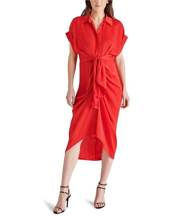 Steve Madden Tori Satin Point Collar Short Kimono Cuff Sleeve Belted Ruched Front Asymmetrical Hem Midi Shirt Dress Product Image