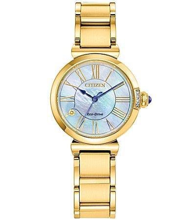 Ladies' Citizen Eco-DriveÂ® L Mae Diamond Accent Gold-Tone Watch with Mother-of-Pearl Dial (Model: Em1062-57D) Product Image