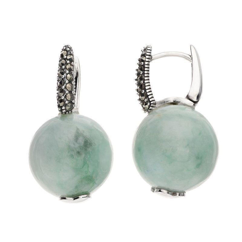 Lavish by TJM Sterling Silver Jadeite Jade & Marcasite Huggie Earrings, Womens Product Image