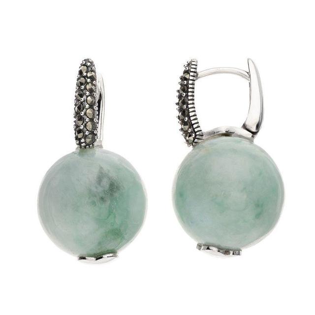 Lavish by TJM Sterling Silver Jadeite Jade & Marcasite Huggie Earrings, Womens Product Image