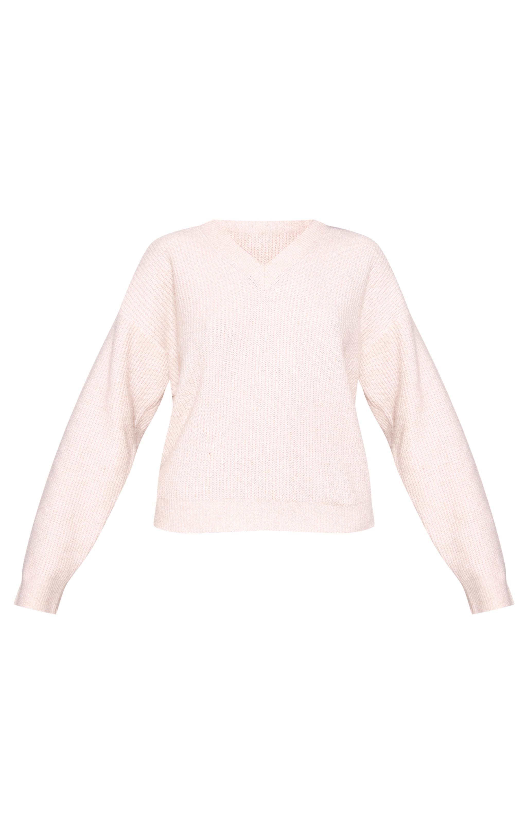 Oatmeal Soft Knit V Neck Oversized Sweater Product Image