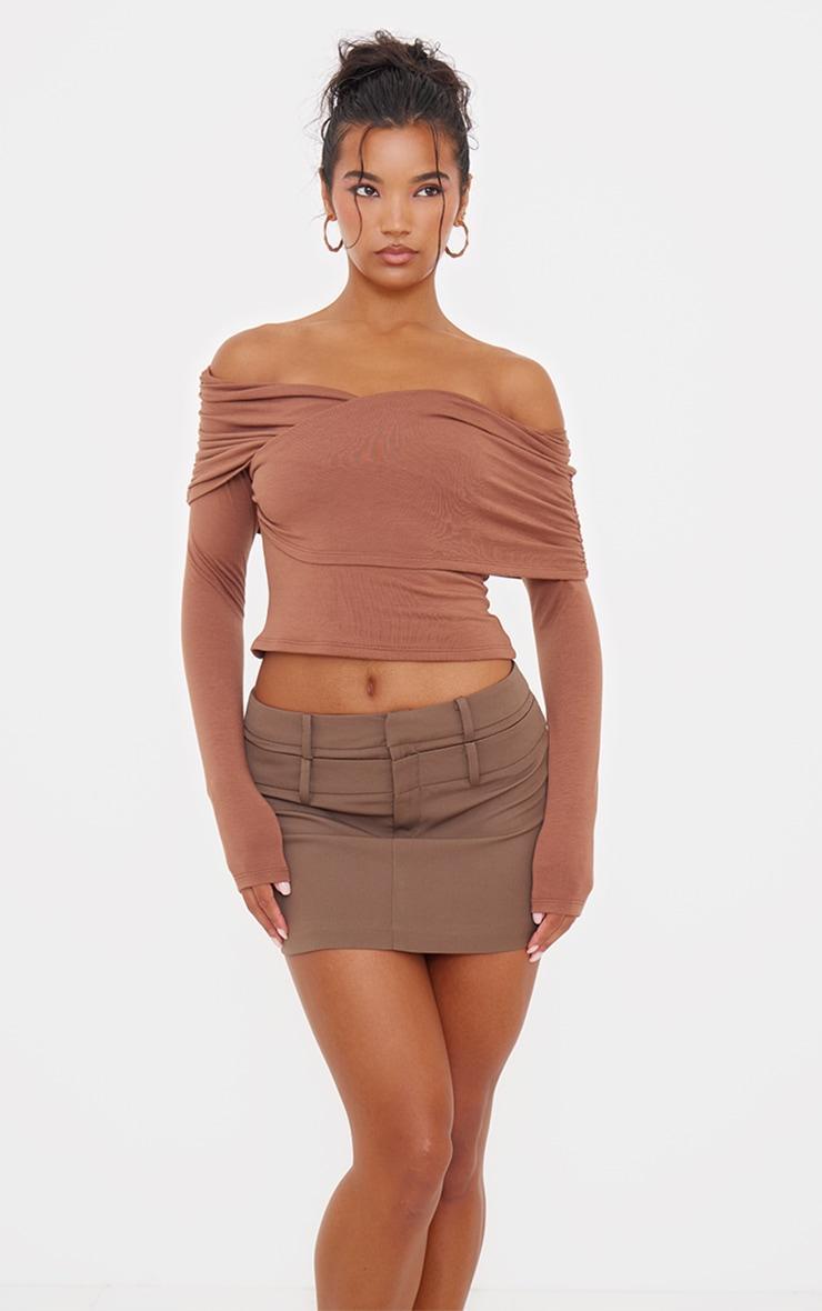 Brown Contour Jersey Bardot Foldover Long Sleeve Top Product Image