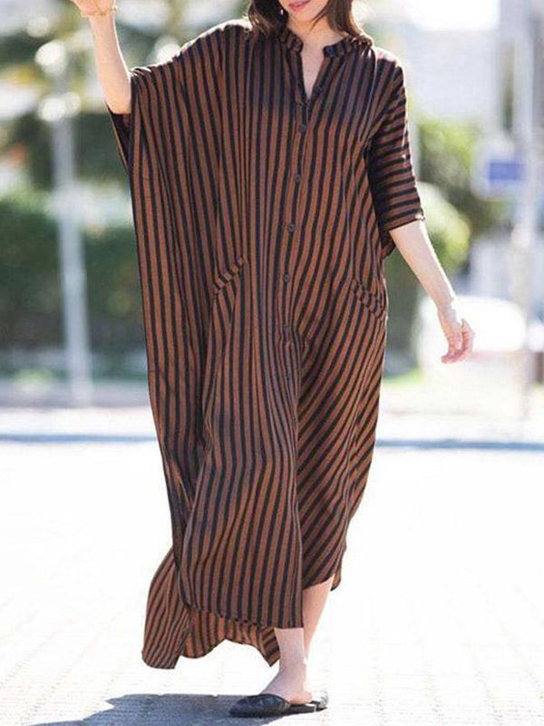 Batwing Sleeves Half Sleeves Buttoned Pockets Striped Round-Neck Beach Cover-Up Maxi Dresses Product Image