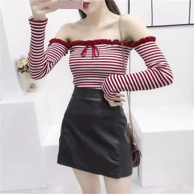 Long-Sleeve Off Shoulder Striped Knit Top Product Image