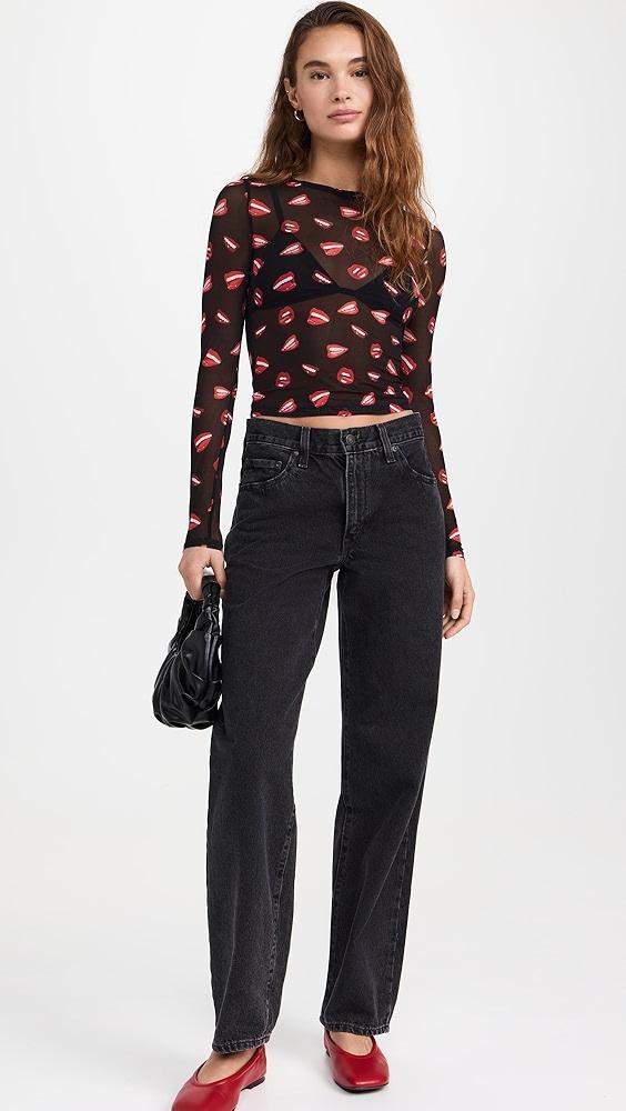 alice + olivia Delaina Long Sleeve Mesh Cropped Top | Shopbop Product Image