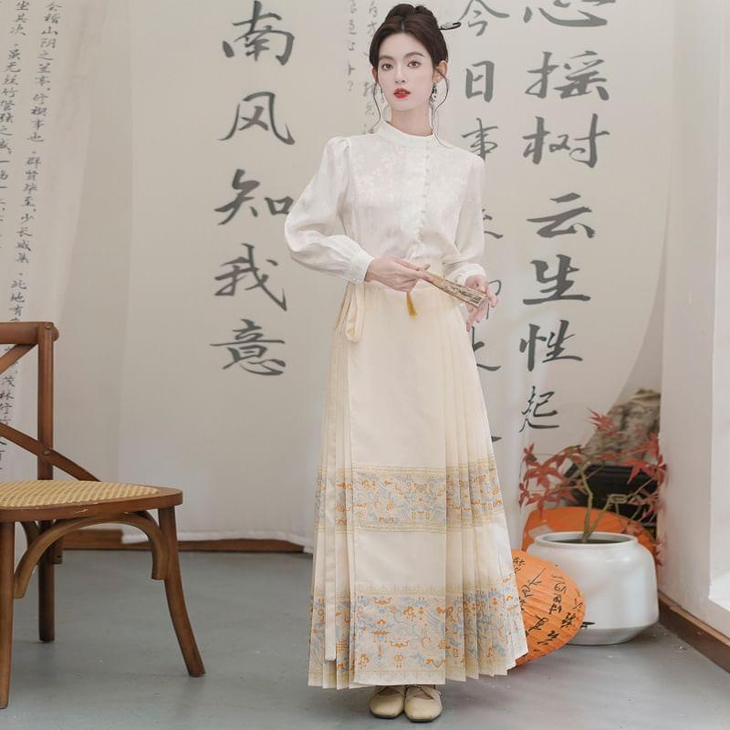 Long-Sleeve Mandarin Collar Floral Blouse / High Rise Maxi Ma Mian Skirt Product Image