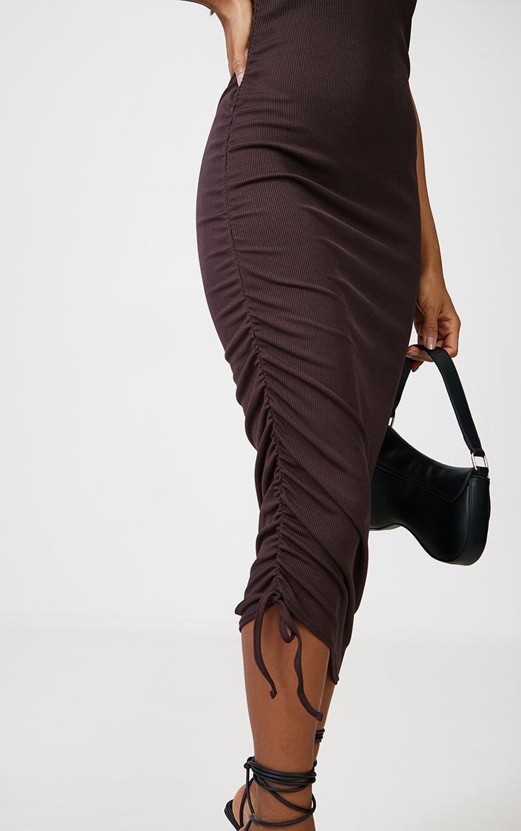 Chocolate Ribbed Bandeau Ruched Side Midaxi Dress Product Image