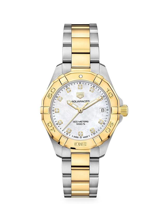 Mens Aquaracer 32MM Stainless Steel, Yellow Goldplated, Diamond & Mother-of-Pearl Quartz Bracelet Watch Product Image