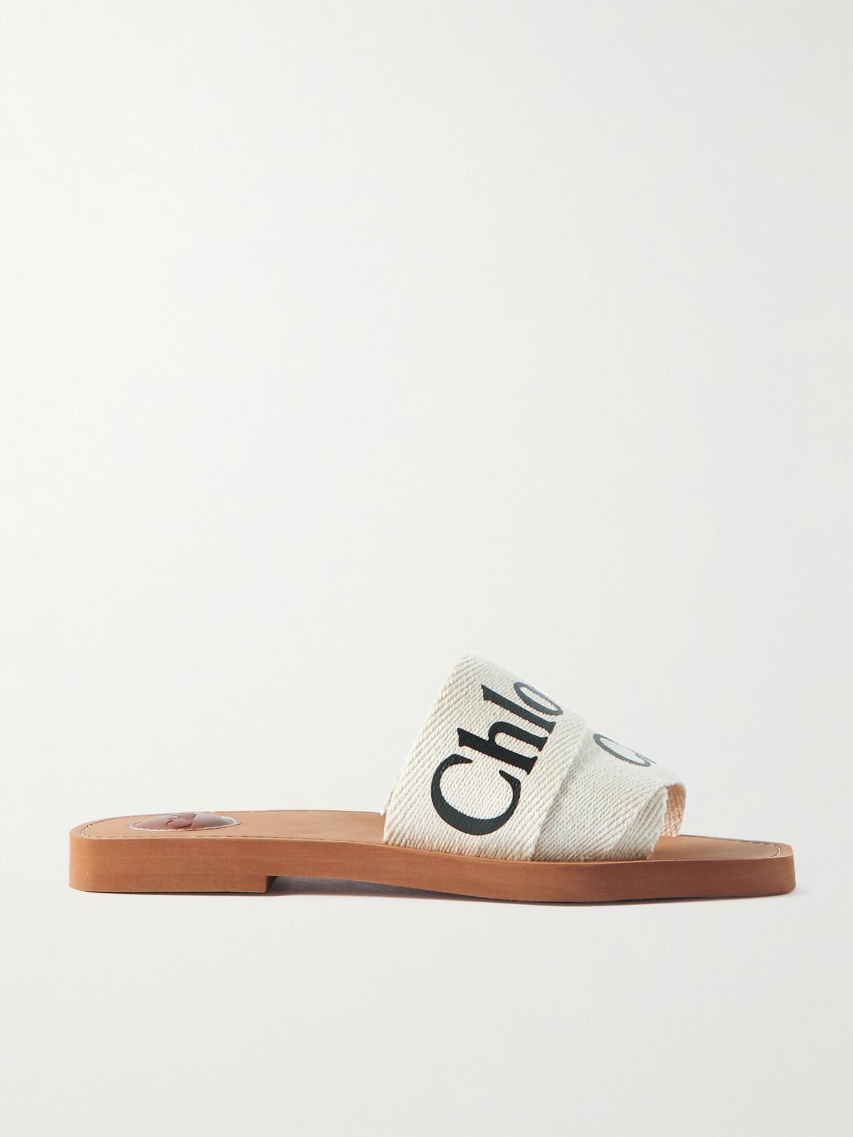 Woody Logo-print Canvas Slides In Beige Product Image