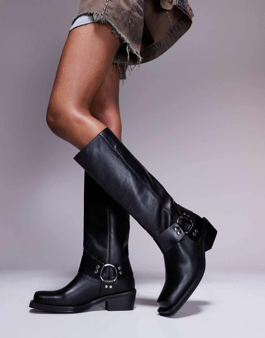 ASOS DESIGN Colorado premium leather biker knee boots in black Product Image