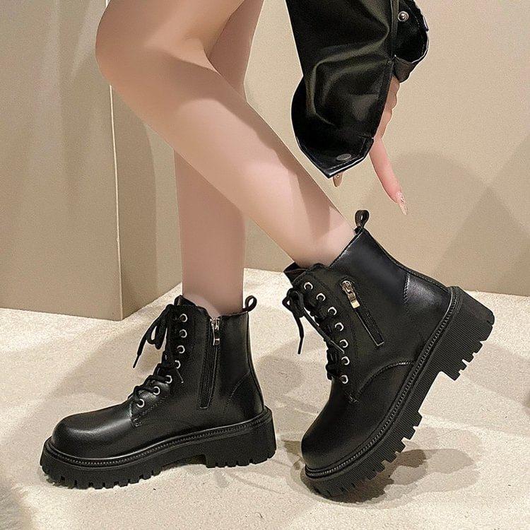 Lace-Up Platform Chunky Heel Short Boots Product Image