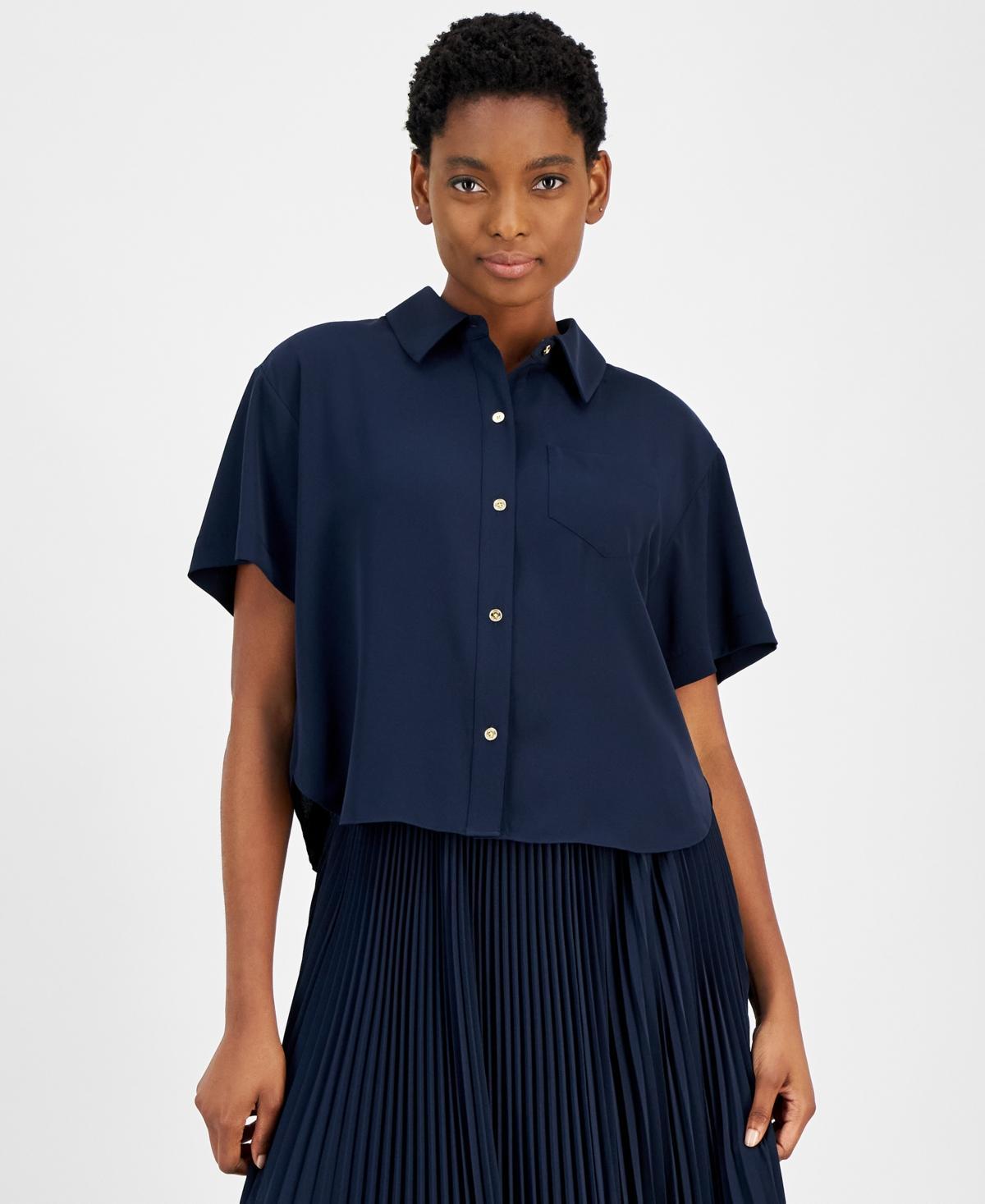 Womens Pleated Short-Sleeve Shirt Product Image