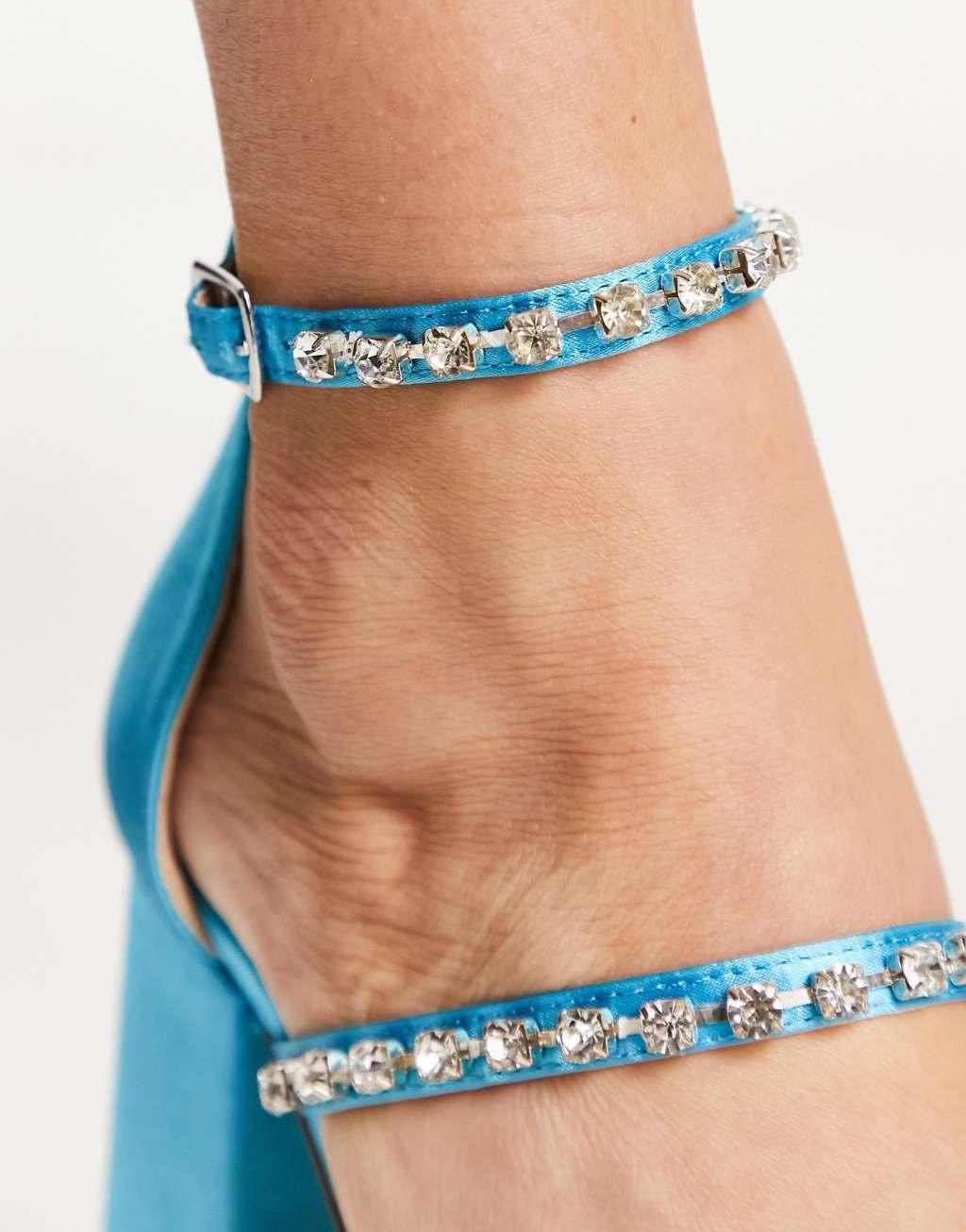 London Rebel mega platform embellished heeled shoes in blue satin Product Image