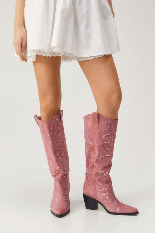 Faux Suede Studded Western Knee High Boot Product Image