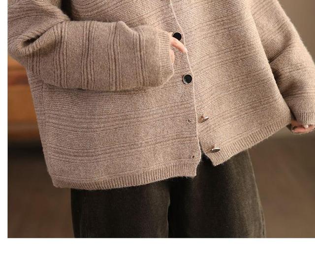 Round Neck Plain Ribbed Knit Button Cardigan Product Image