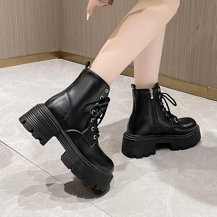 Faux Leather Platform Lace-Up Short Boots Product Image