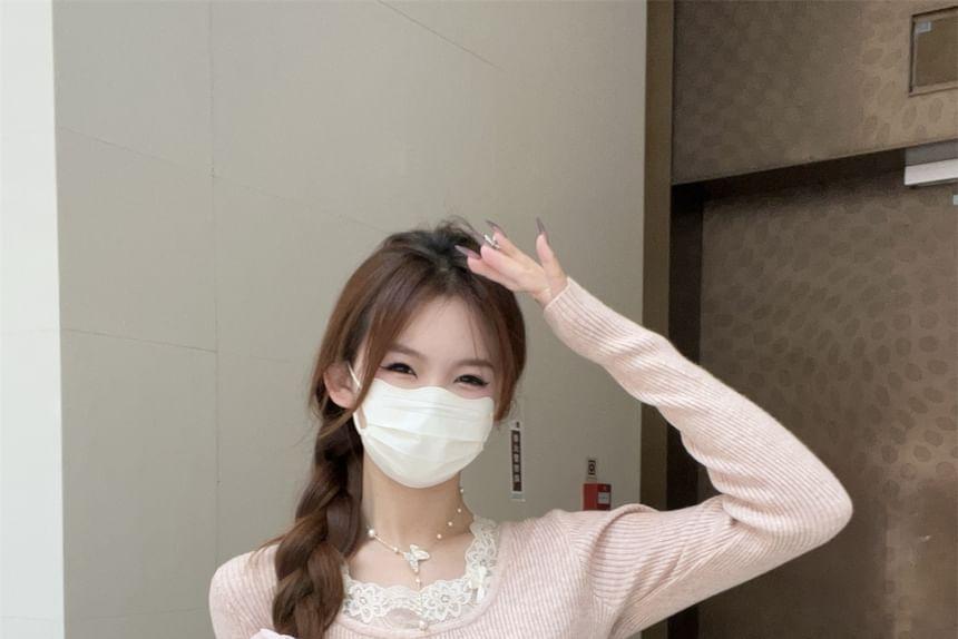 Long-Sleeve Round Neck Mock Two-Piece Lace Panel Bow Accent Slim Fit Knit Top Product Image