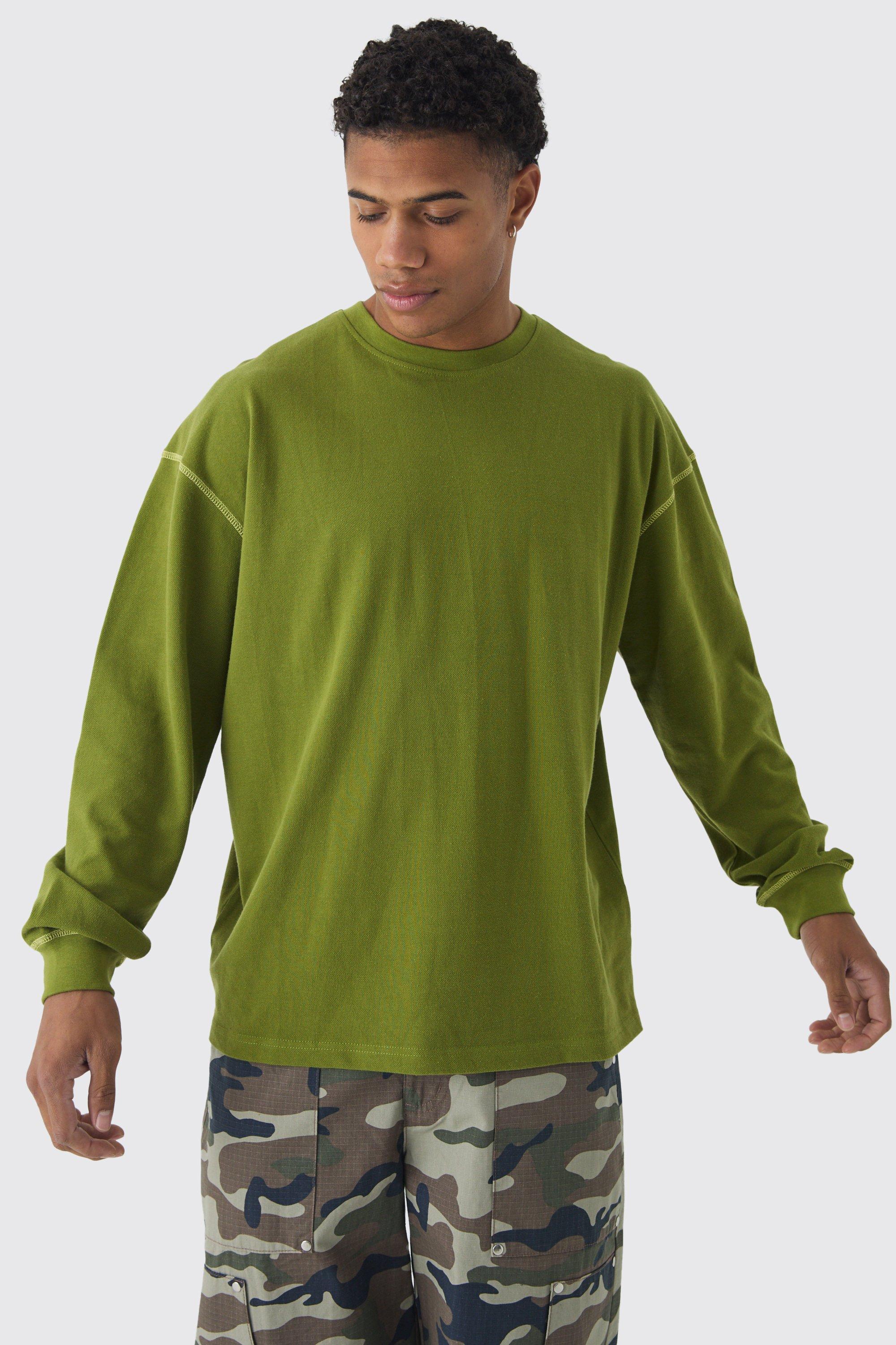 Oversized Pique Contrast Stitch Long Sleeve T- Shirt | boohooMAN USA Product Image