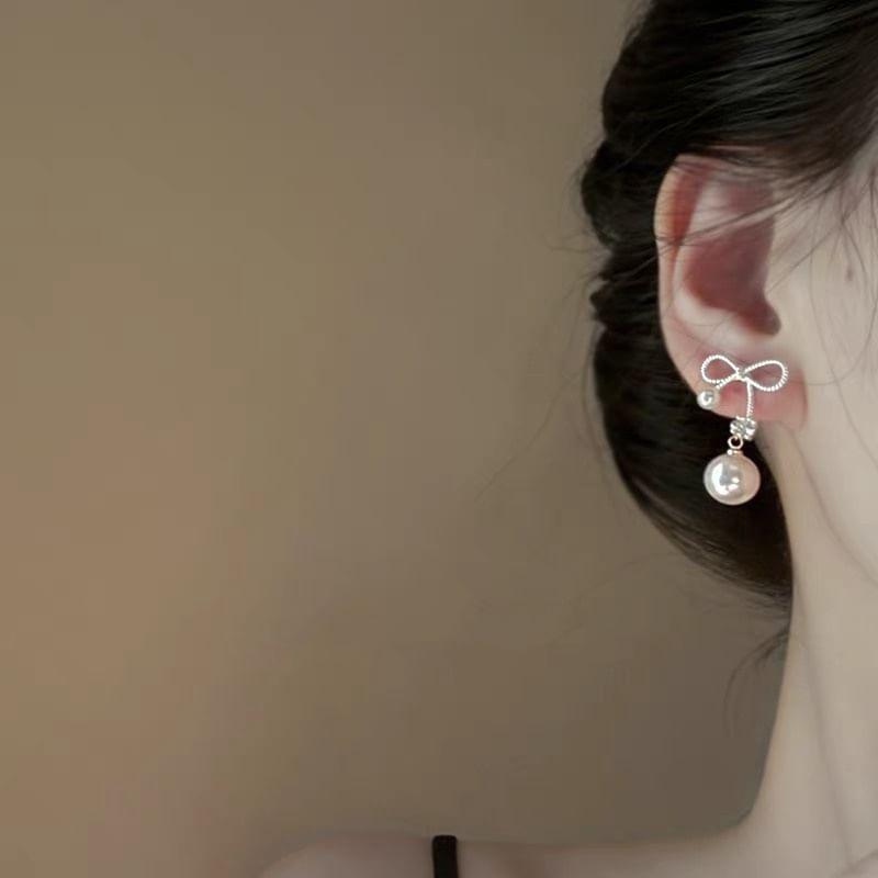 Bow Rhinestone Faux Pearl Dangle Earrings Product Image