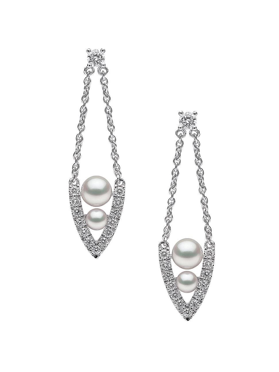 Womens Sleek 18K White Gold, 3-5MM Akoya Pearl & Diamond Chain Teardrop Earrings Product Image