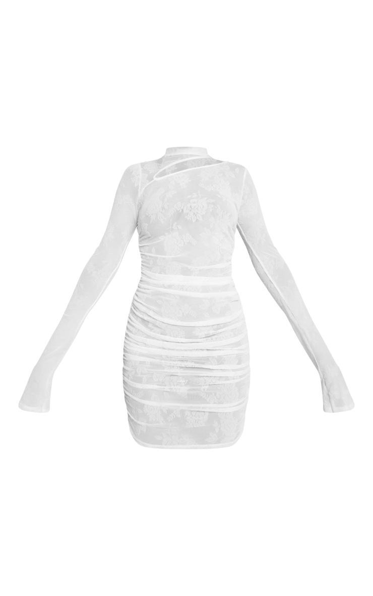 Cream Flocked Mesh High Neck Cut Out Ruched Bodycon Dress Product Image