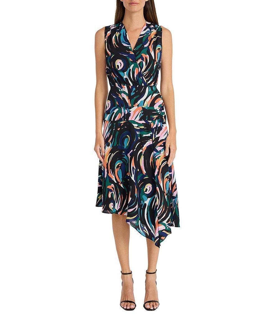 Maggy London Printed Georgette V-Neck Sleeveless Drape Side Asymmetrical Hem Midi Dress Product Image