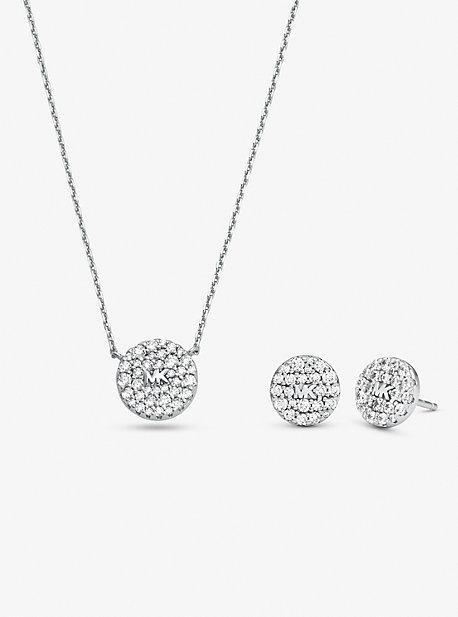 14K -Plated Sterling Silver Pavé Logo Disc Earrings and Necklace Set Product Image