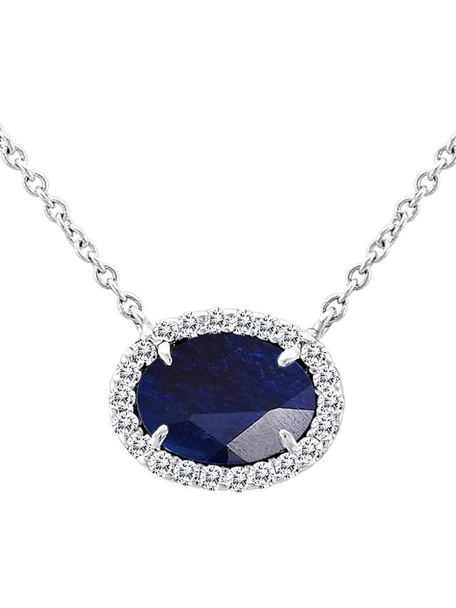 Womens 14K White Gold, Blue Sapphire, & Diamond East-West Oval Pendant Necklace Product Image