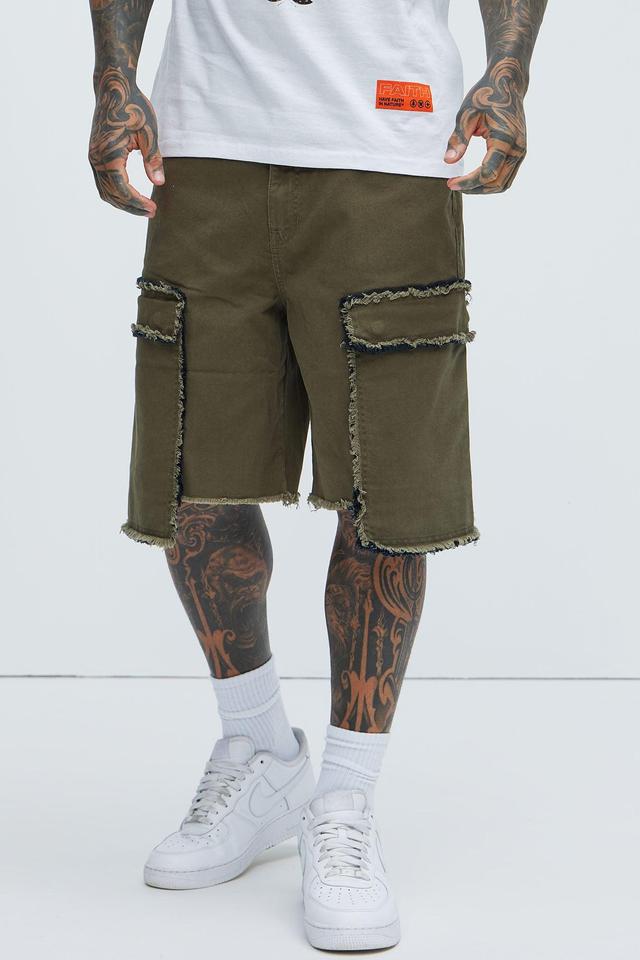 Murphy Raw Relaxed Cargo Denim Shorts - Olive Product Image