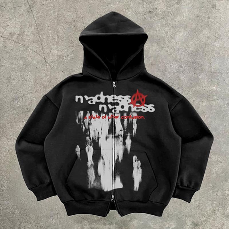 Vintage Madness Graphic Casual Street Hip Hop Oversized Zip Up Hoodie Product Image