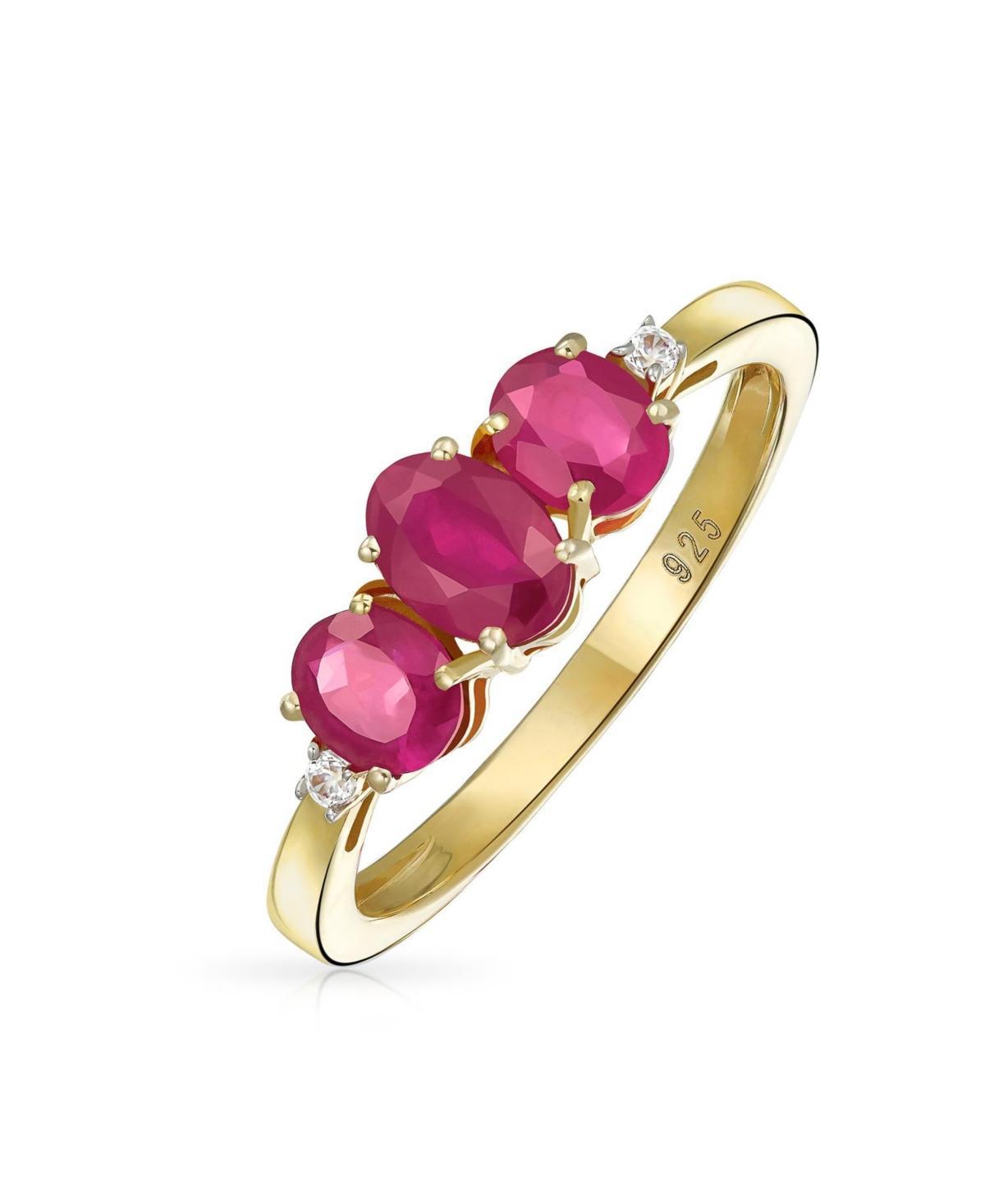 Bling Jewelry Past Present Future 3 Stone Oval Synthetic Red Ruby Ring for Women Yellow 14K Gold Plated .925 Sterling Silver Product Image