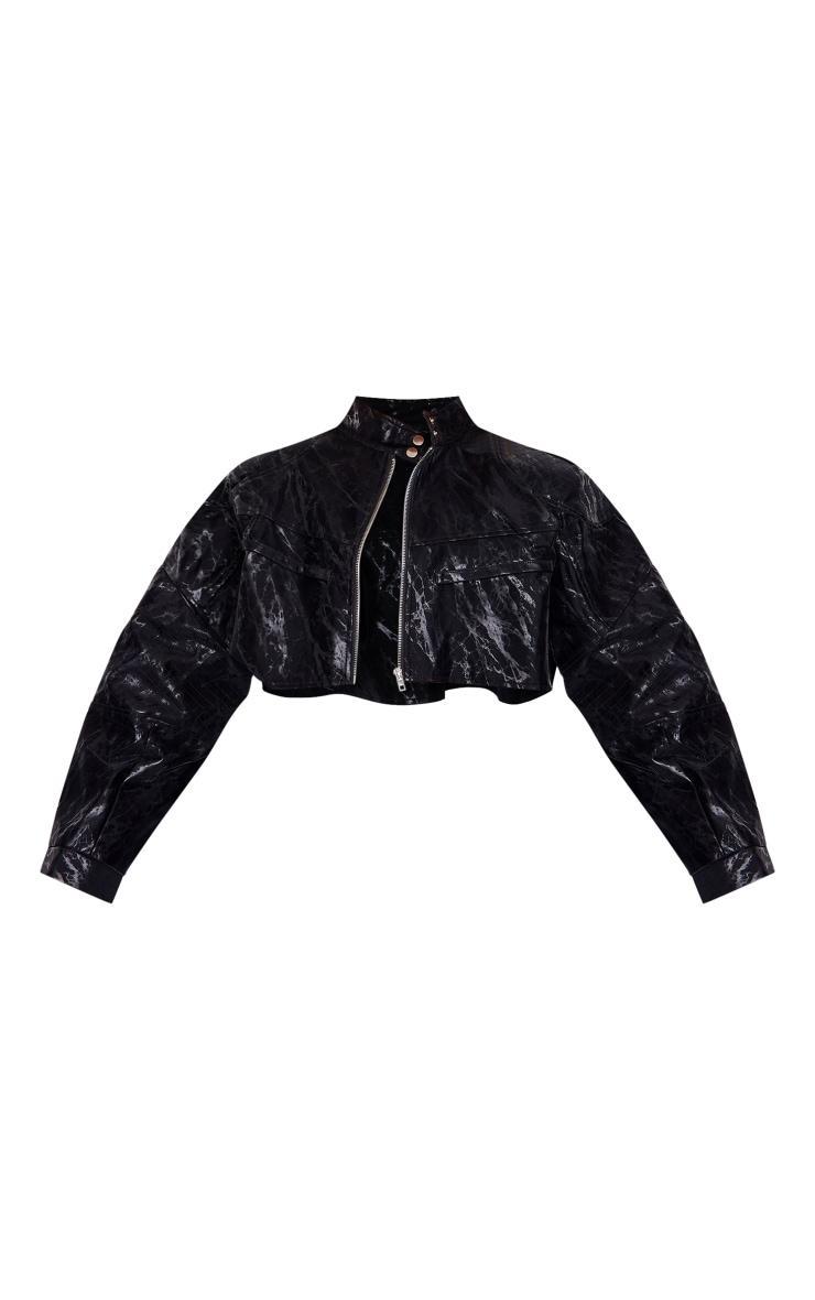 Black Sheen Look Panelled Cropped Biker Jacket Product Image