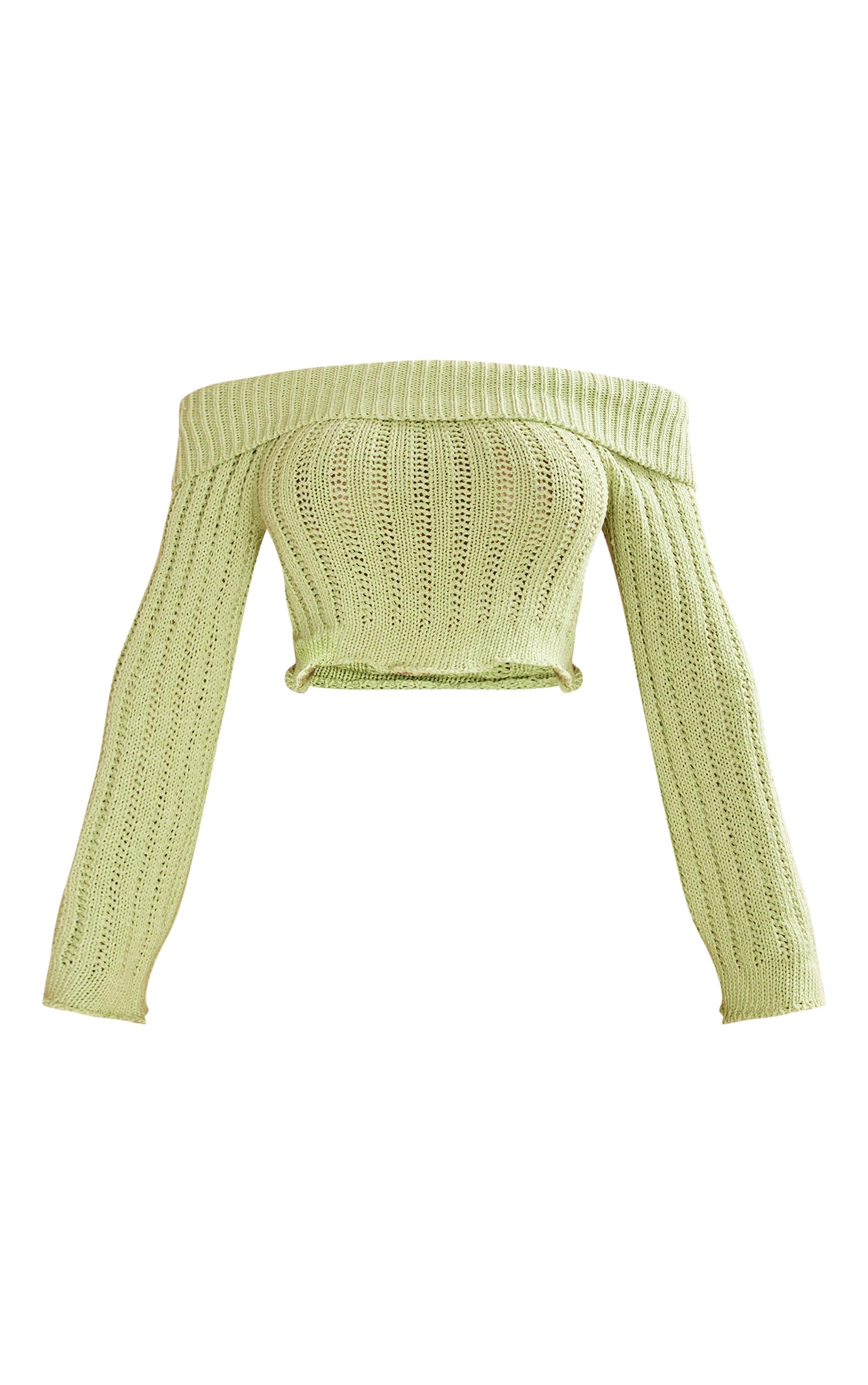 Shape Sage Khaki Knit Bardot Extreme Crop Sweater Product Image