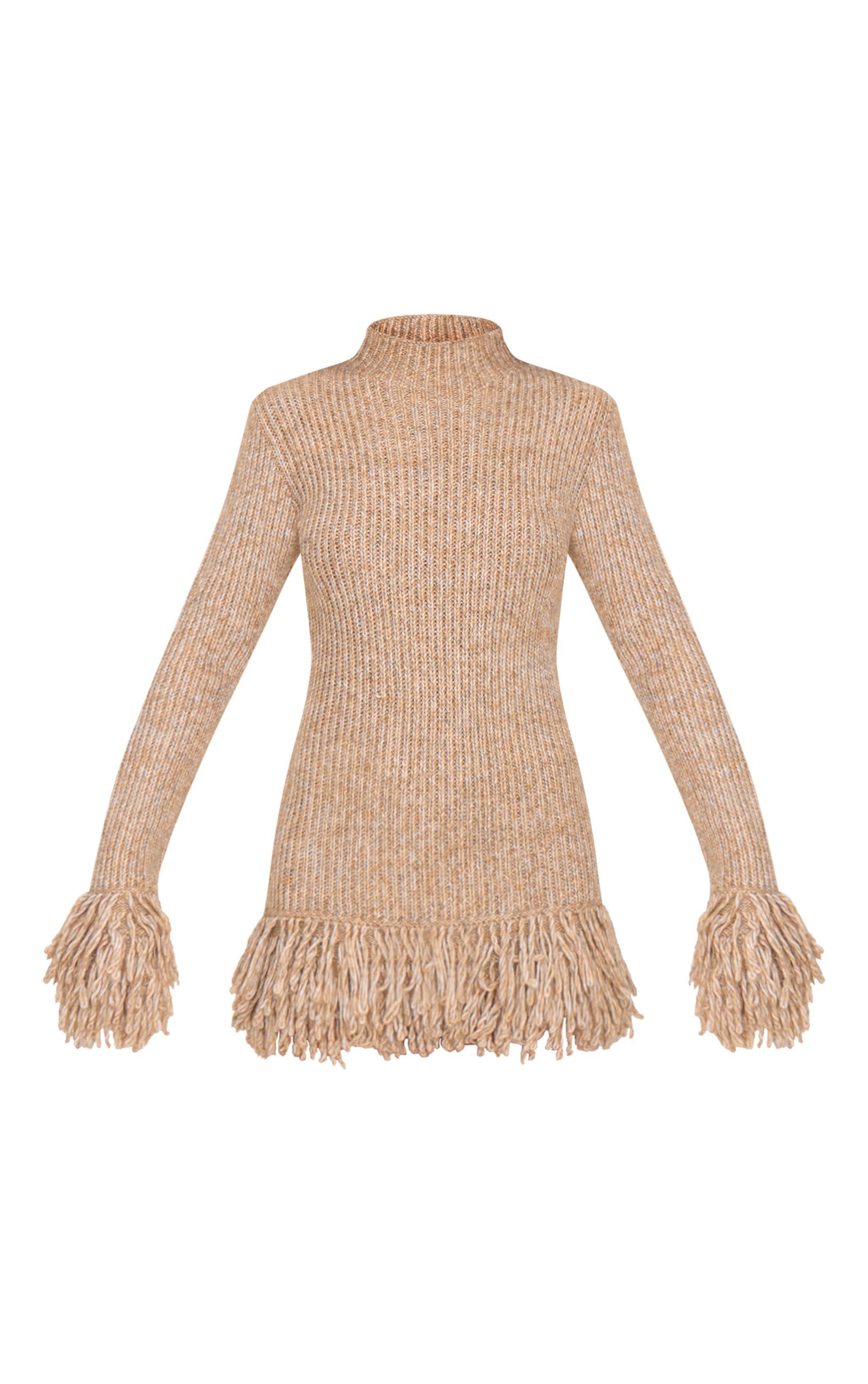 Mocha Chunky Knitted Fringe Hem Long Sleeve Sweater Dress Product Image