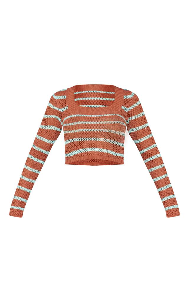 Mocha Stripe Crochet Knit Square Neck Long Sleeve Top Product Image