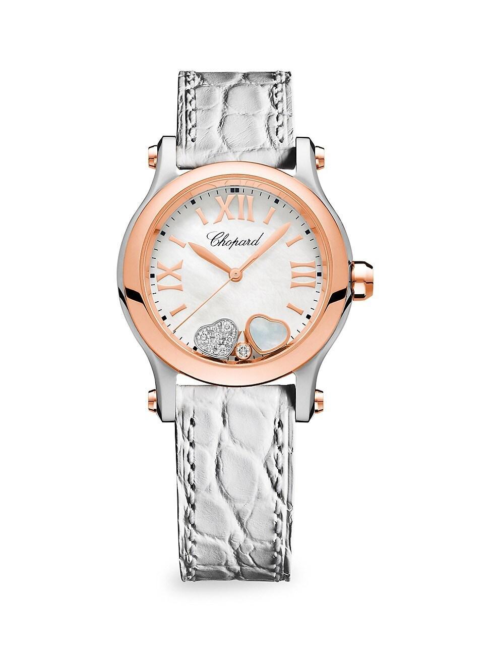 Womens Happy Sport Diamond, 18K Rose Gold, Stainless Steel & White Alligator Strap Watch Product Image